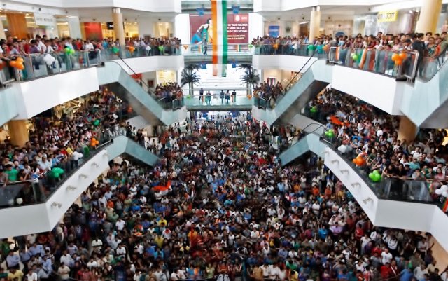 This is a mall in Kolkatta where the finals of the match between India and Sri Lanka is viewed.